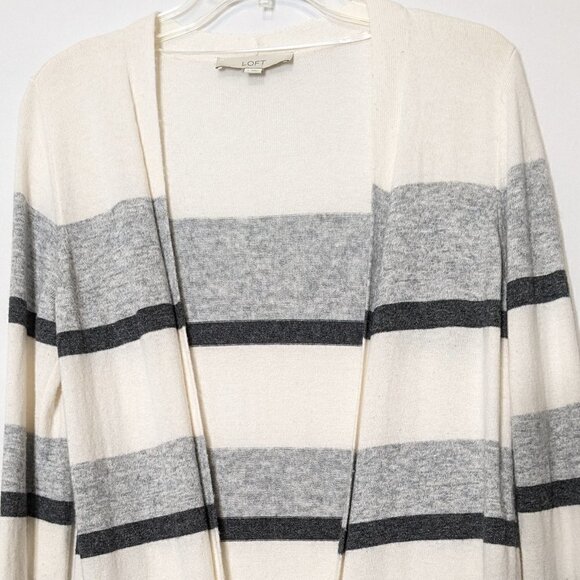 Women's "LOFT" Cream & Gray Striped, Lightweight, Long Open Cardigan; Size S - Picture 2 of 5